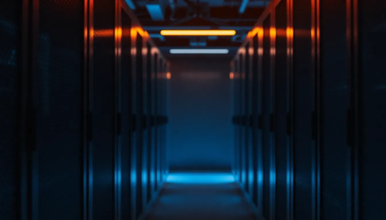 Server aisle inside the EASTMAR datacenter, lit with warm and cool light
